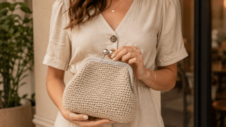 Mulher usando bolsa de mão em crochê bege com fecho metálico, combinada com vestido neutro em um look delicado, artesanal e elegante.
