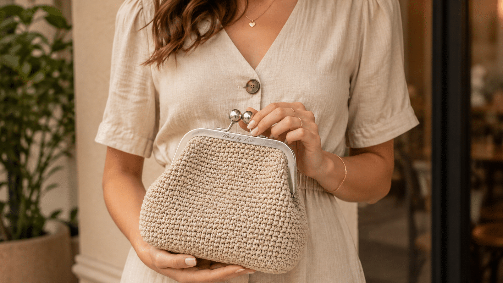 Mulher usando bolsa de mão em crochê bege com fecho metálico, combinada com vestido neutro em um look delicado, artesanal e elegante.