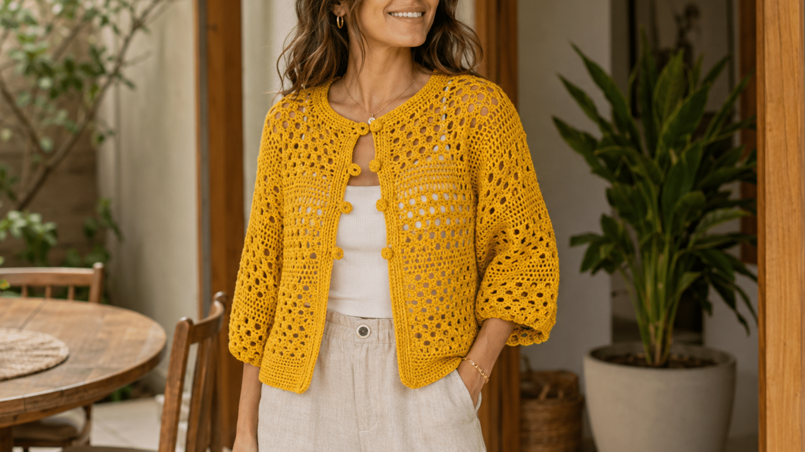 Mulher usando blusa de crochê amarela com pontos vazados e mangas amplas, combinada com peças neutras em um look leve, moderno e artesanal.