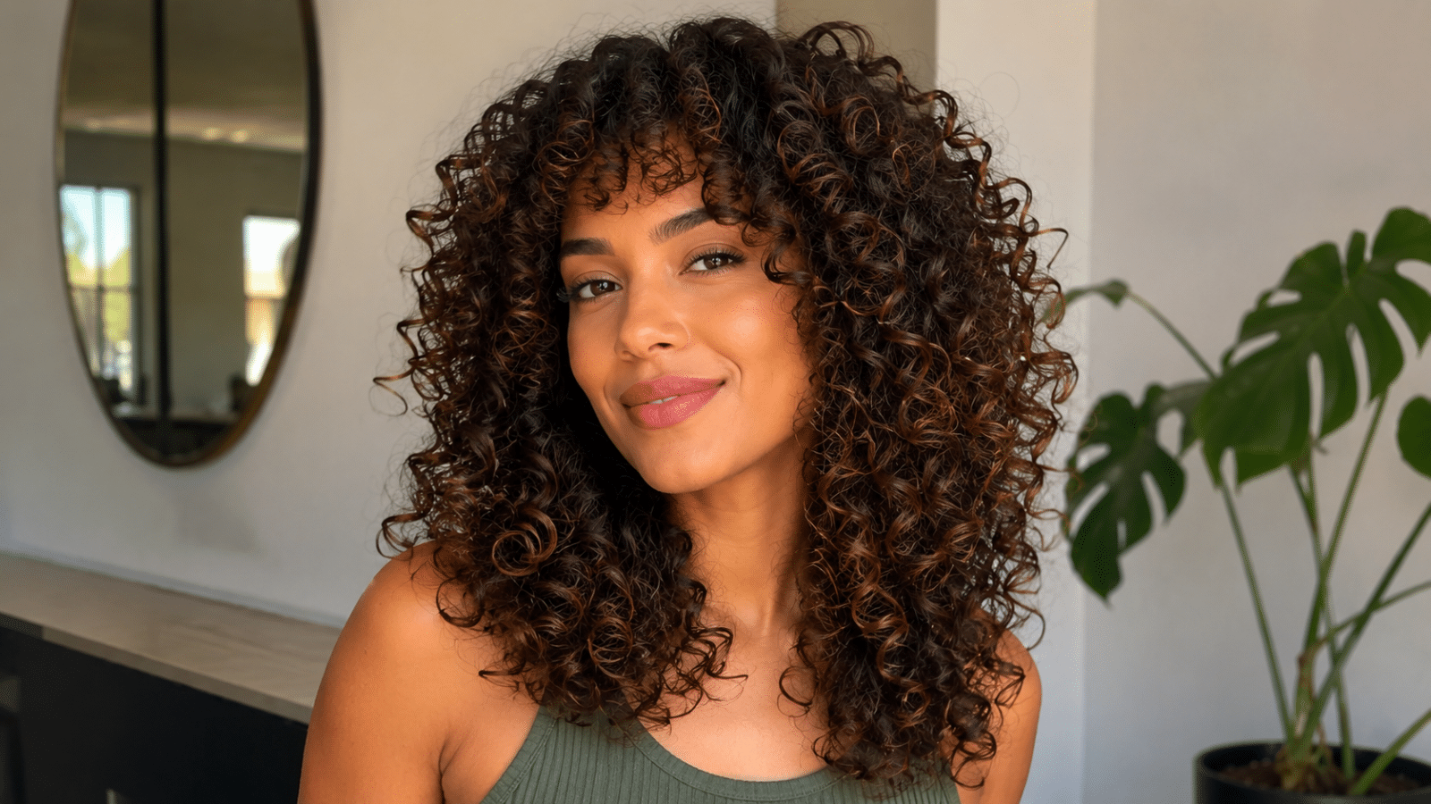 Mulher com cabelo cacheado em camadas, destacando volume equilibrado, cachos definidos e visual leve em uma proposta moderna e natural.