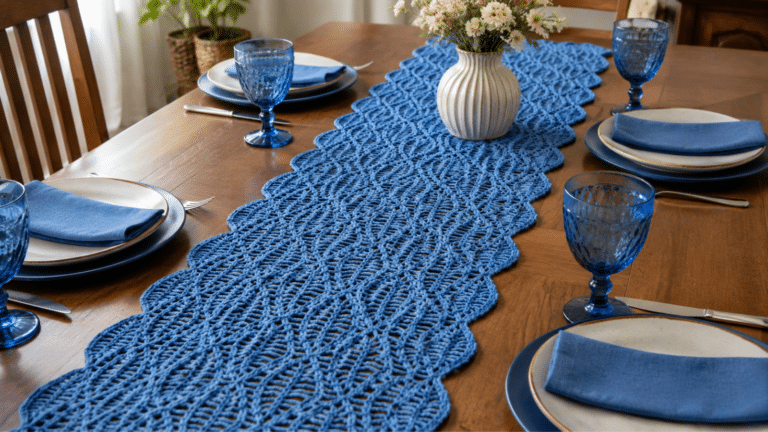 Trilho de mesa de crochê azul com pontos rendados, compondo uma mesa posta elegante com louças, taças e arranjo floral.