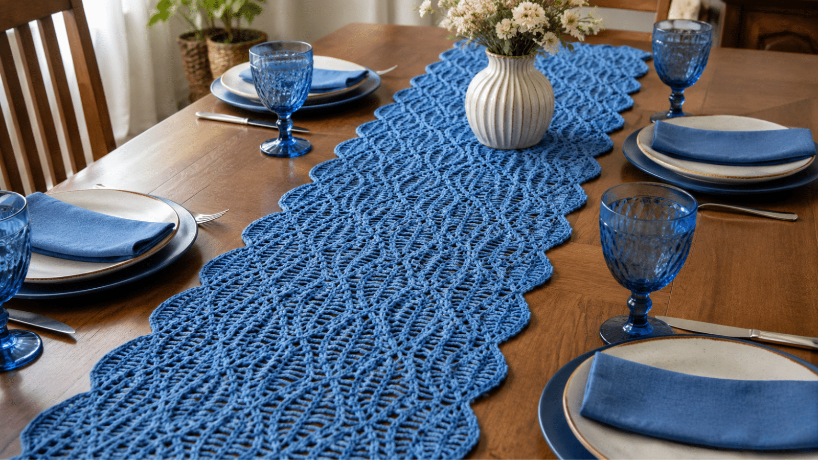 Trilho de mesa de crochê azul com pontos rendados, compondo uma mesa posta elegante com louças, taças e arranjo floral.