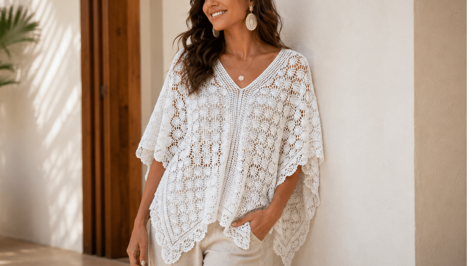Blusa poncho de crochê branca com pontos vazados, caimento amplo e acabamento rendado em look feminino leve e elegante.