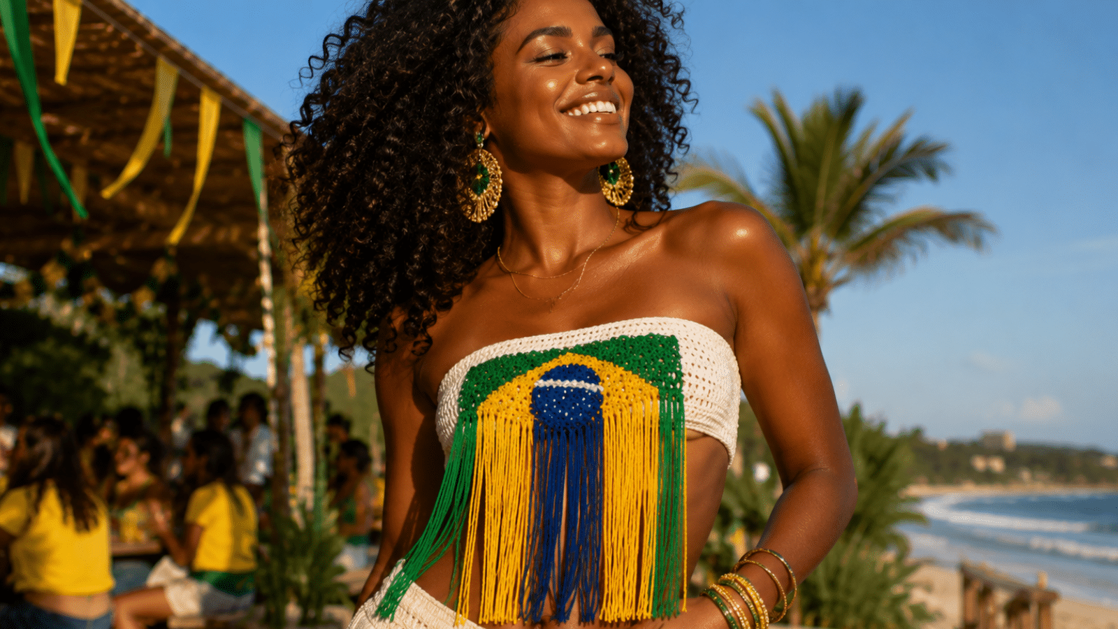 Cropped de crochê Brasil com franjas nas cores verde, amarelo e azul para look de Copa do Mundo