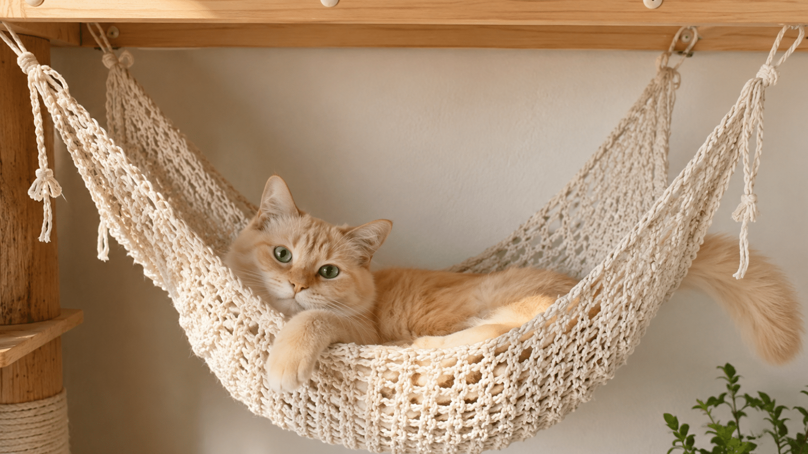 Gato descansando em rede de crochê bege suspensa sob prateleira de madeira em ambiente aconchegante.
