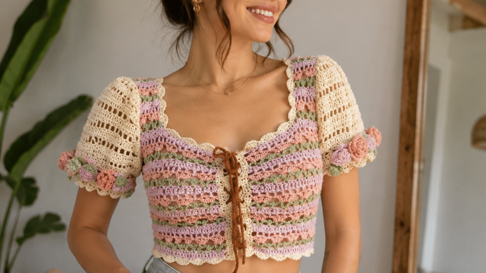Cropped de crochê romântico em tons pastel, com mangas bufantes, amarração frontal e acabamento rendado em look casual feminino.