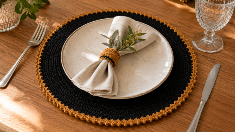 Sousplat de crochê preto com borda mostarda compondo mesa posta elegante, com prato claro, guardanapo de tecido e detalhes naturais.