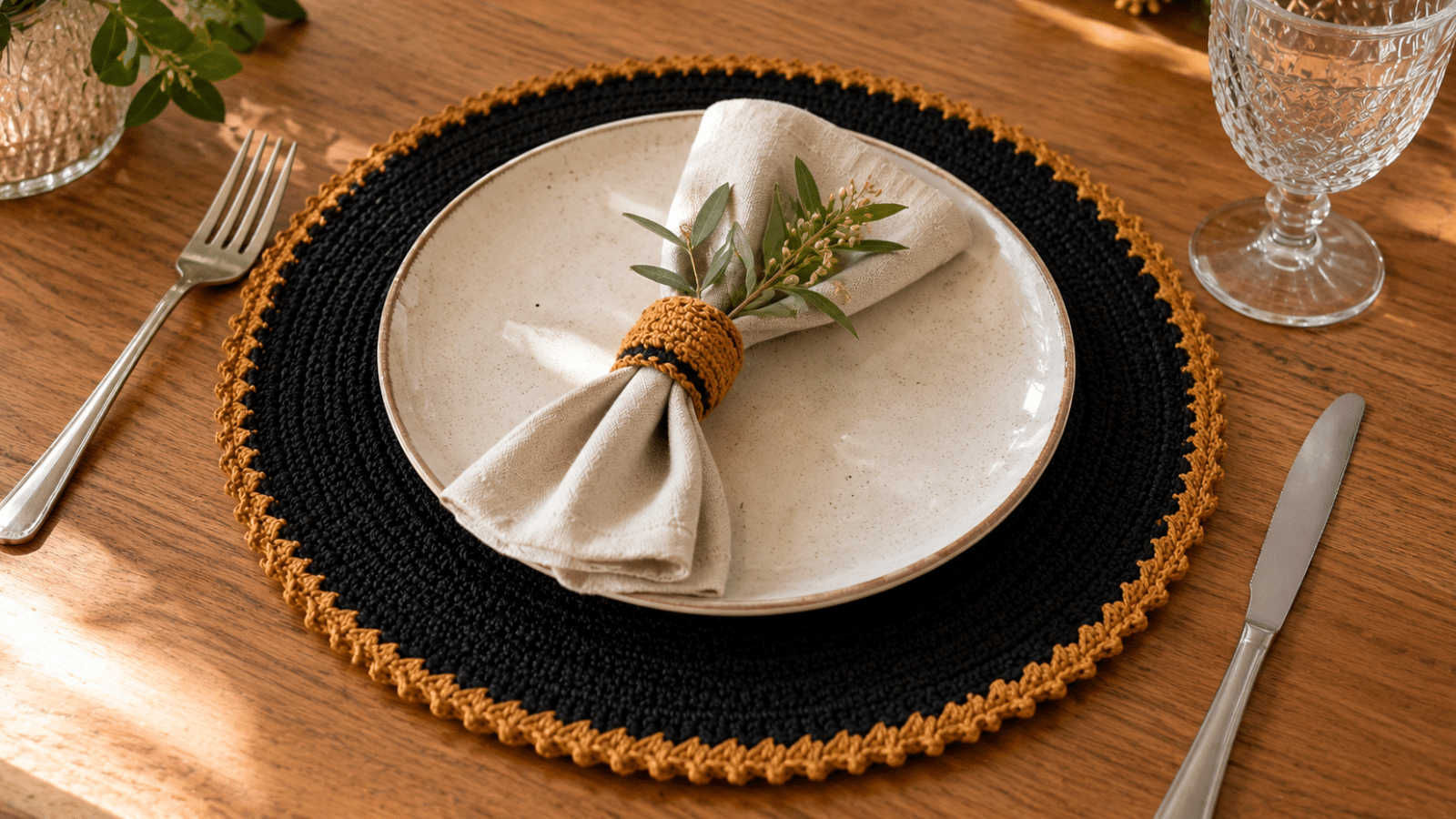 Sousplat de crochê preto com borda mostarda compondo mesa posta elegante, com prato claro, guardanapo de tecido e detalhes naturais.