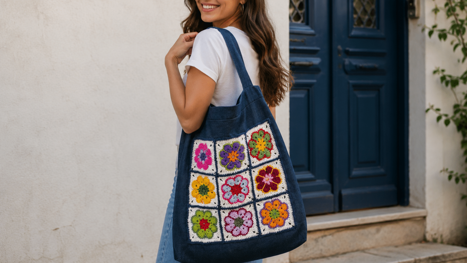 Mulher usando ecobag jeans com aplicações florais em crochê, combinando praticidade, cor e charme artesanal no look casual.