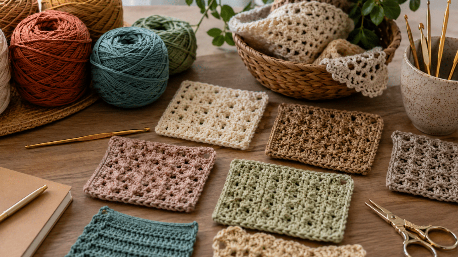 Mesa de artesanato com novelos de crochê, agulhas e amostras de pontos em diferentes cores e texturas.
