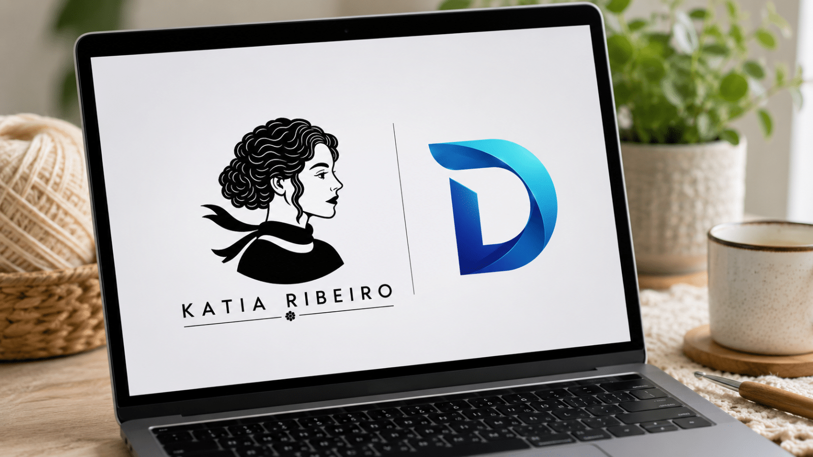 Notebook exibindo os logos de Katia Ribeiro e divee.ai, simbolizando a nova parceria com recurso de inteligência artificial no site.