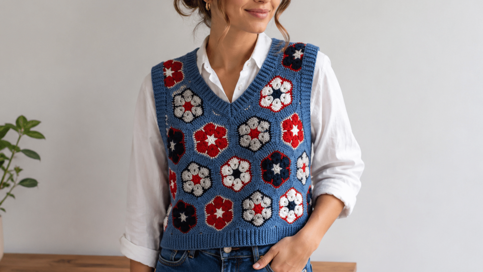 Mulher usando colete de crochê com flores sobre camisa branca, destacando o visual artesanal, criativo e retrô da peça.