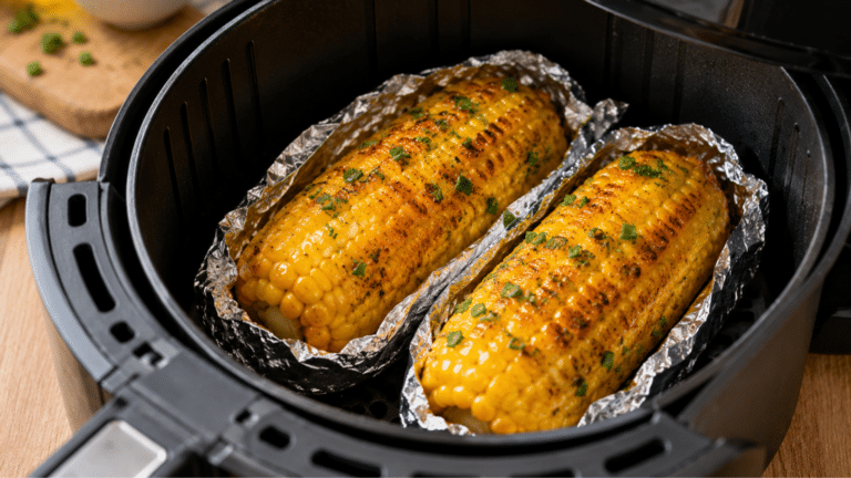 Espigas de milho preparadas na air fryer com manteiga, papel-alumínio e cebolinha, destacando o preparo prático, dourado e saboroso da receita.