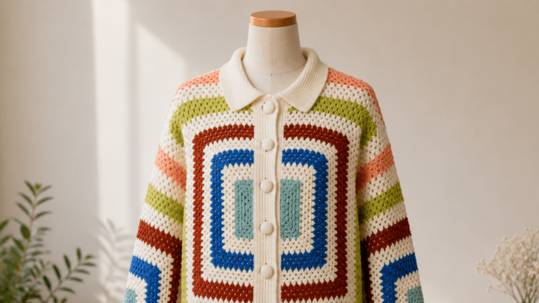 Cardigan de crochê em manequim com botões frontais e desenhos geométricos coloridos, destacando o visual artesanal, moderno e confortável da peça.