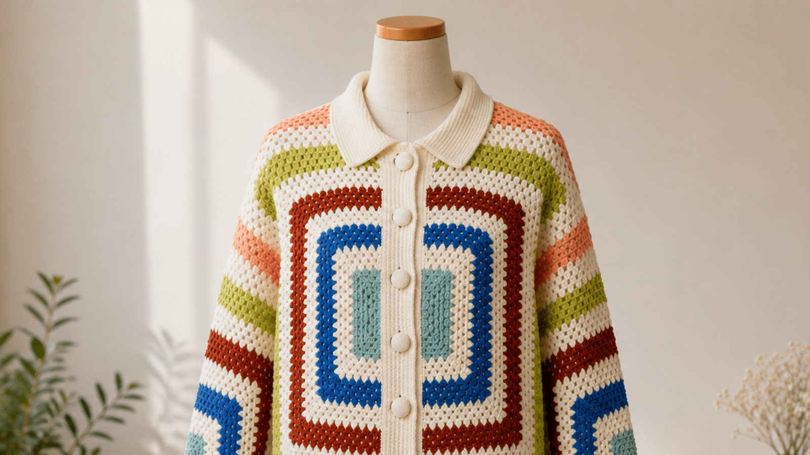 Cardigan de crochê em manequim com botões frontais e desenhos geométricos coloridos, destacando o visual artesanal, moderno e confortável da peça.