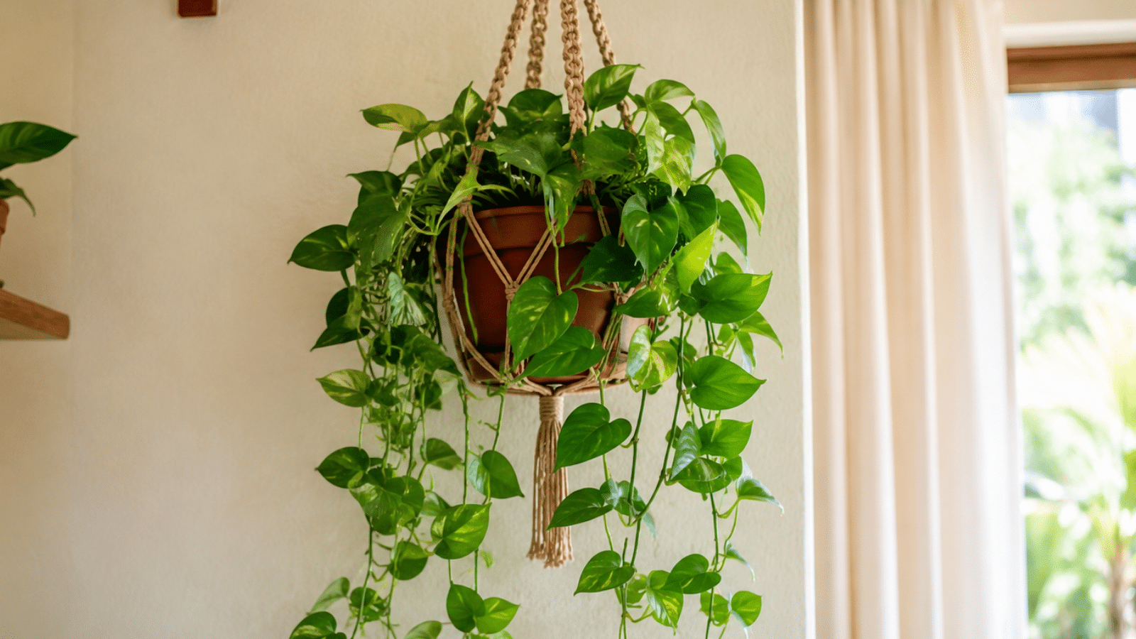 Jiboia pendente em vaso suspenso decorando parede clara com toque natural e acolhedor.