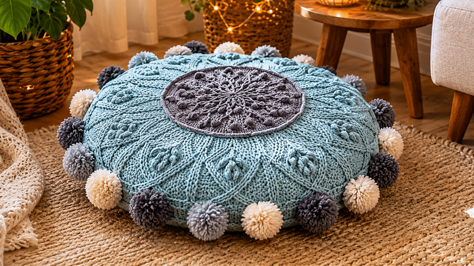 Pufe redondo de crochê azul com relevo e pompons decorando sala aconchegante com toque artesanal.