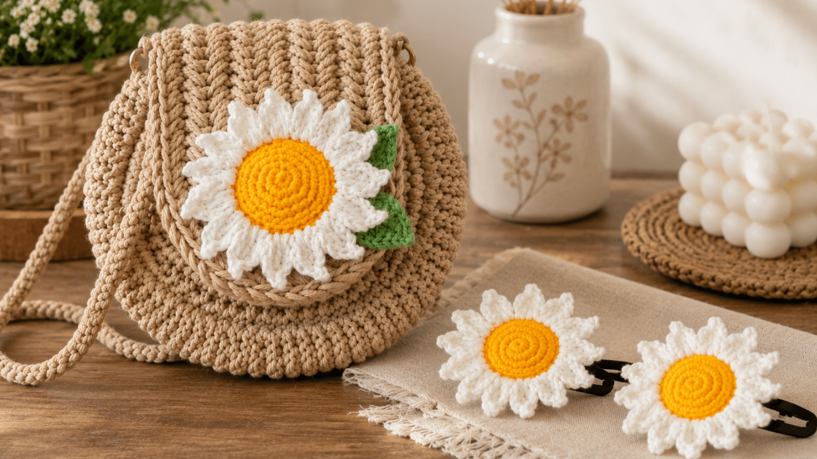 Bolsa e presilhas de crochê com margaridas expostas em composição natural e aconchegante.