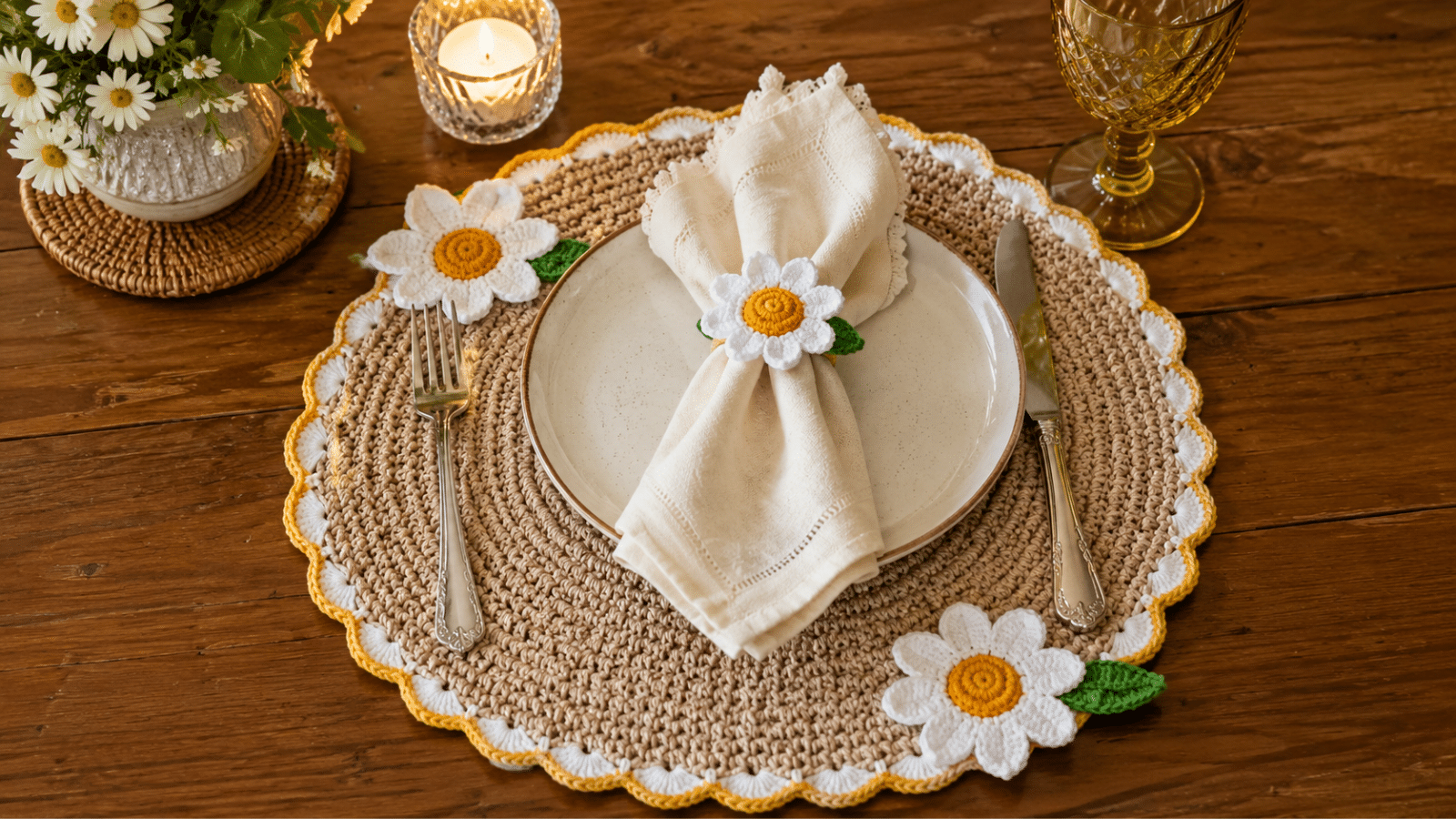 Sousplat de crochê com margaridas decorando mesa posta com louça clara, guardanapo e toque artesanal.
