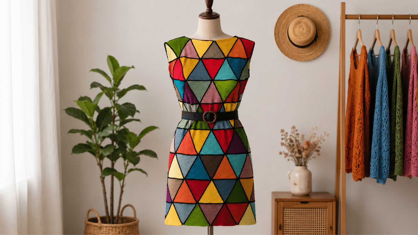 Vestido de crochê geométrico em manequim, com triângulos coloridos e cinto preto destacando o visual artesanal moderno.