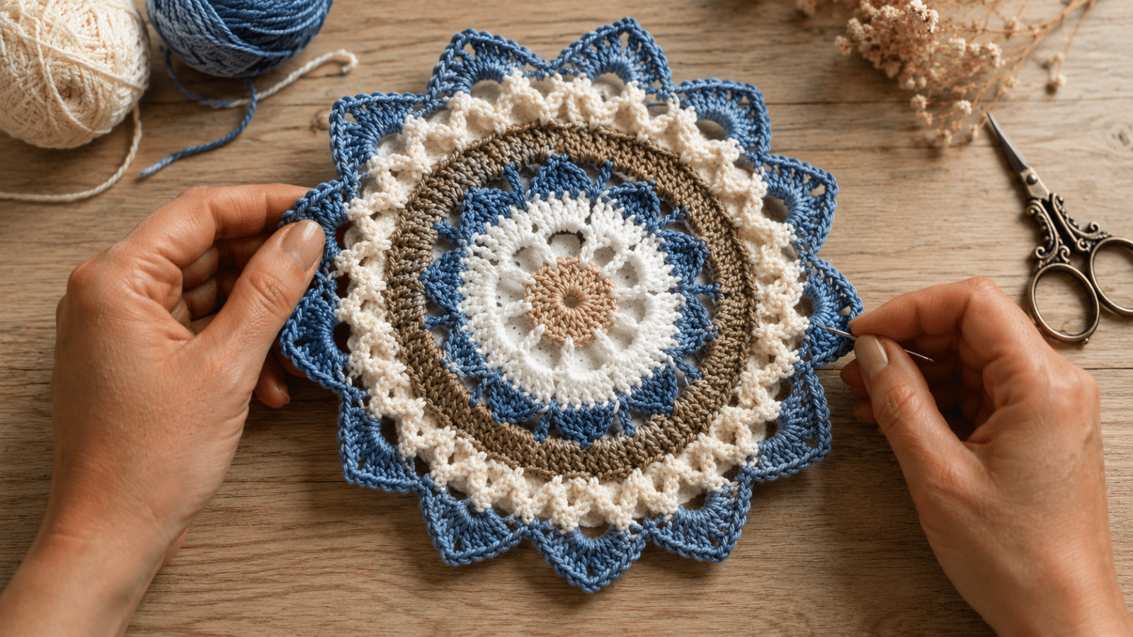 Mãos finalizando mandala de crochê em tons de azul, cru e bege sobre mesa de madeira, destacando o acabamento artesanal.