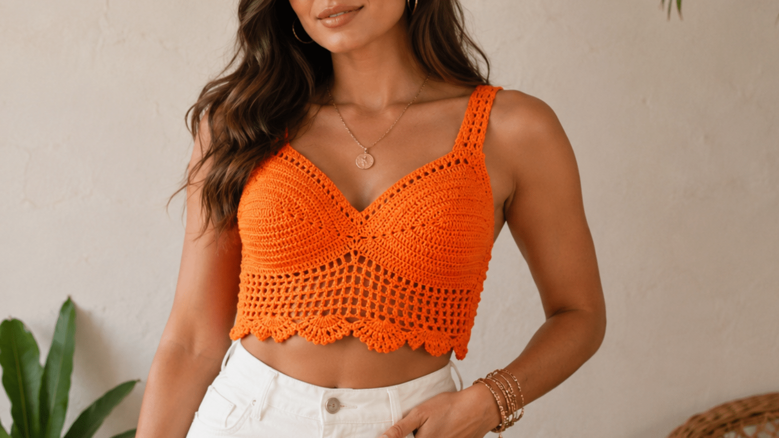 Cropped de crochê laranja com bojo, alças largas e barra rendada, usado em look com calça branca de cintura alta.