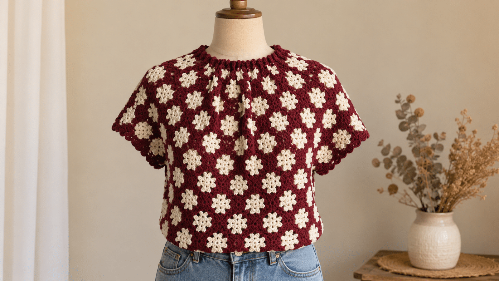 Blusa de crochê vinho com flores em tom claro, exibida em manequim com jeans e fundo neutro.