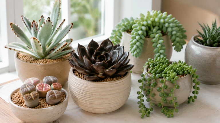 Suculentas diferentes em vasos pequenos, com formas, cores e texturas variadas para decorar ambientes internos.