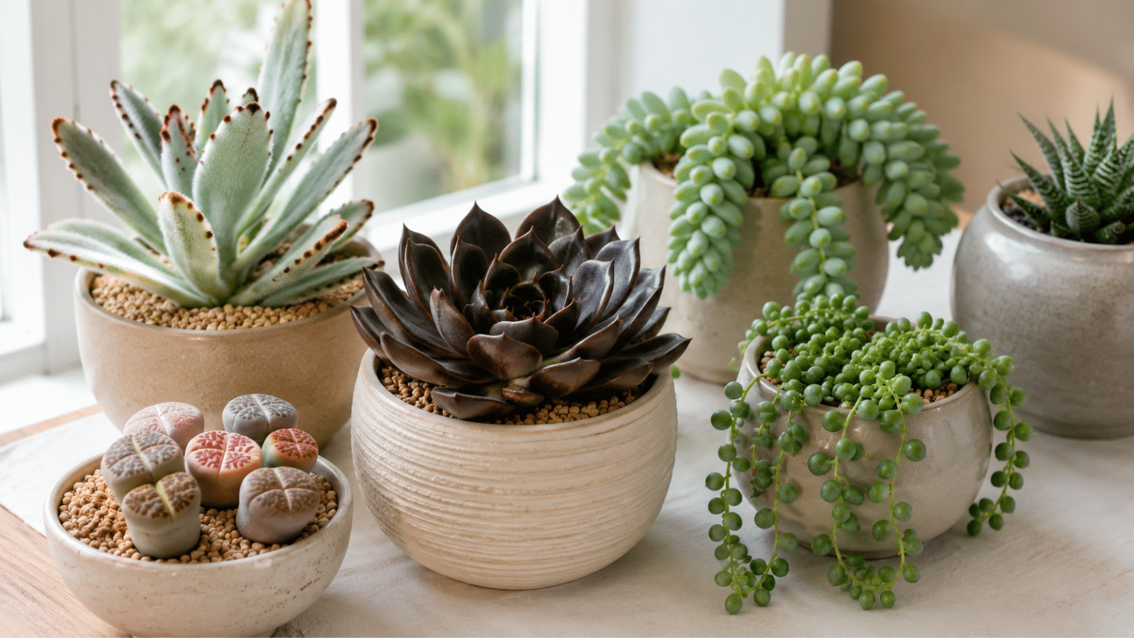 Suculentas diferentes em vasos pequenos, com formas, cores e texturas variadas para decorar ambientes internos.