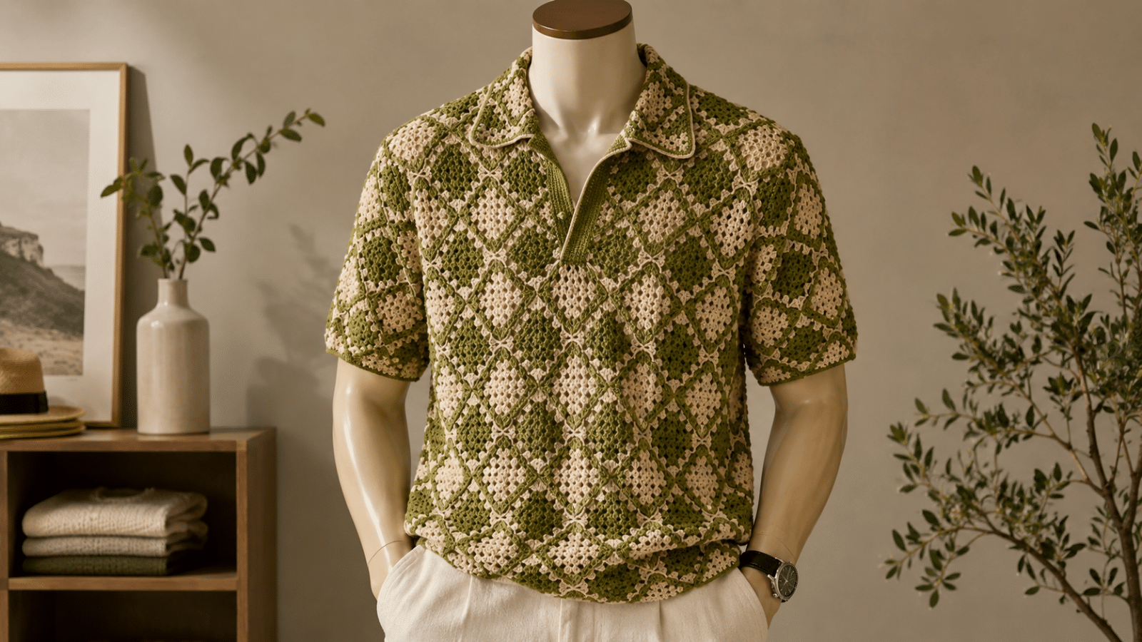 Camisa masculina de crochê com padrão geométrico em verde e bege, usada em manequim com calça clara e visual moderno. I