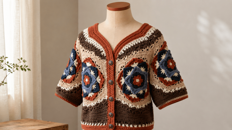 Cardigan de crochê com mandalas coloridas, botões frontais e estilo boho artesanal exibido em manequim com fundo neutro.