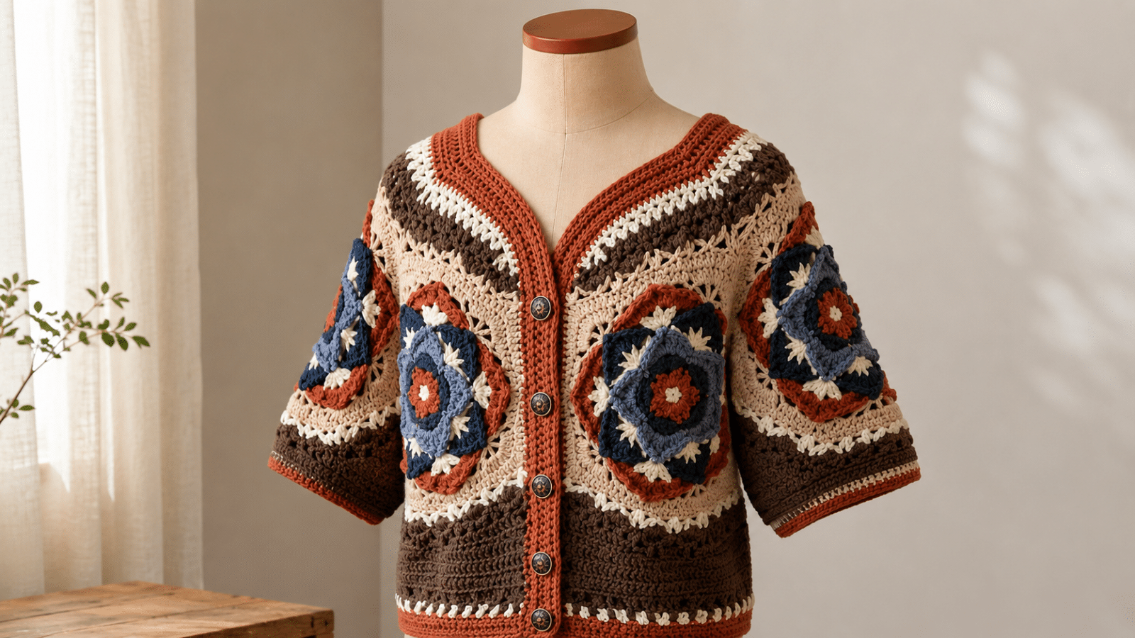 Cardigan de crochê com mandalas coloridas, botões frontais e estilo boho artesanal exibido em manequim com fundo neutro.