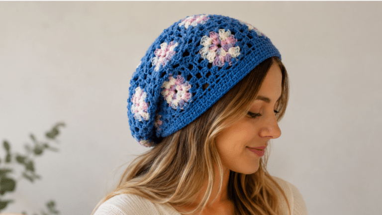 Mulher com gorro de crochê florido