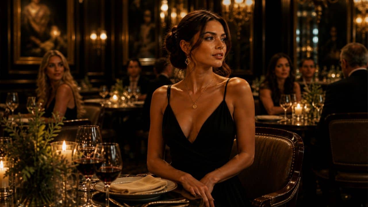 Mulher glamurosa sentada em um restaurate