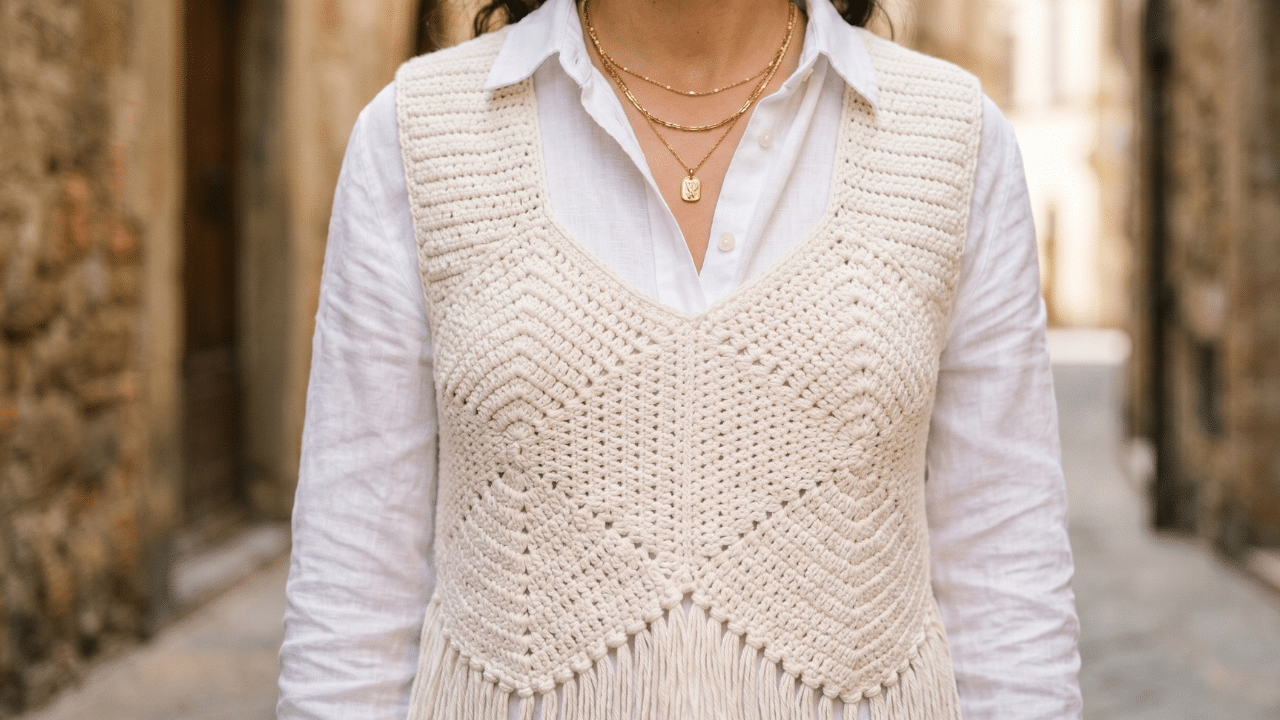 Mulher usando colete de crochê boff-white versátil