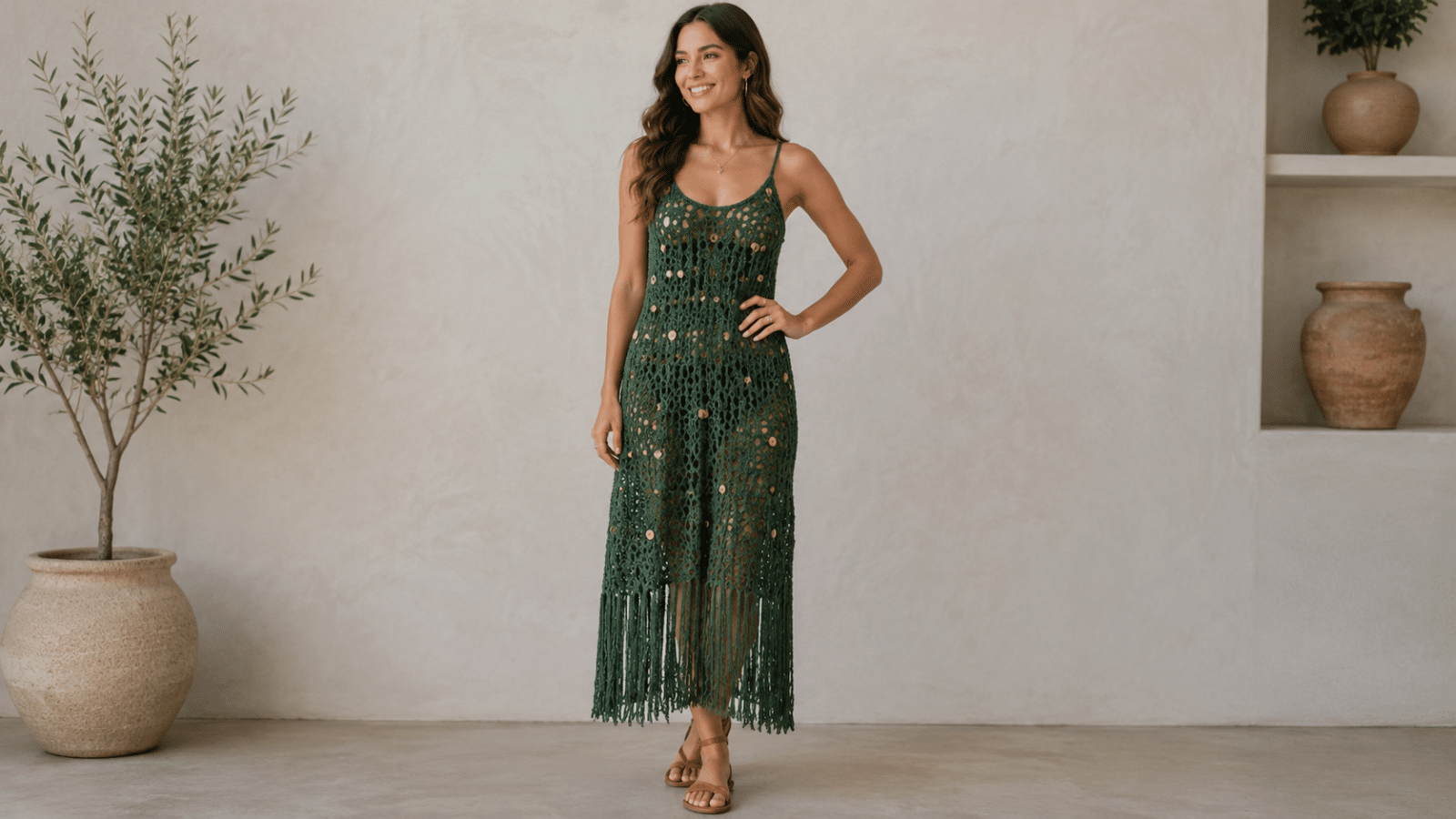 Mulher usando vestido de crochê verde com franjas e detalhes artesanais em look elegante.