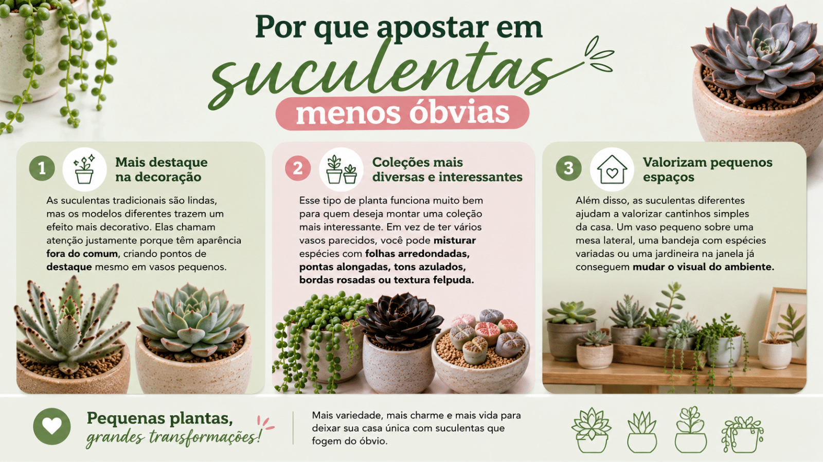 Infográfico sobre suculentas diferentes, destacando espécies menos óbvias para decorar pequenos espaços, criar coleções variadas e valorizar a casa.
