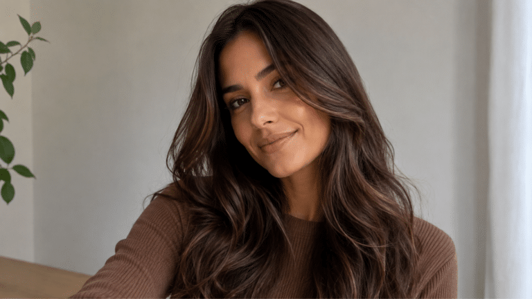 Mulher morena com cabelo chocolate suíço iluminado, tom castanho elegante com reflexos quentes para o outono.