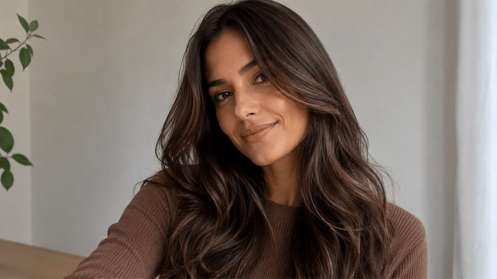 Mulher morena com cabelo chocolate suíço iluminado, tom castanho elegante com reflexos quentes para o outono.