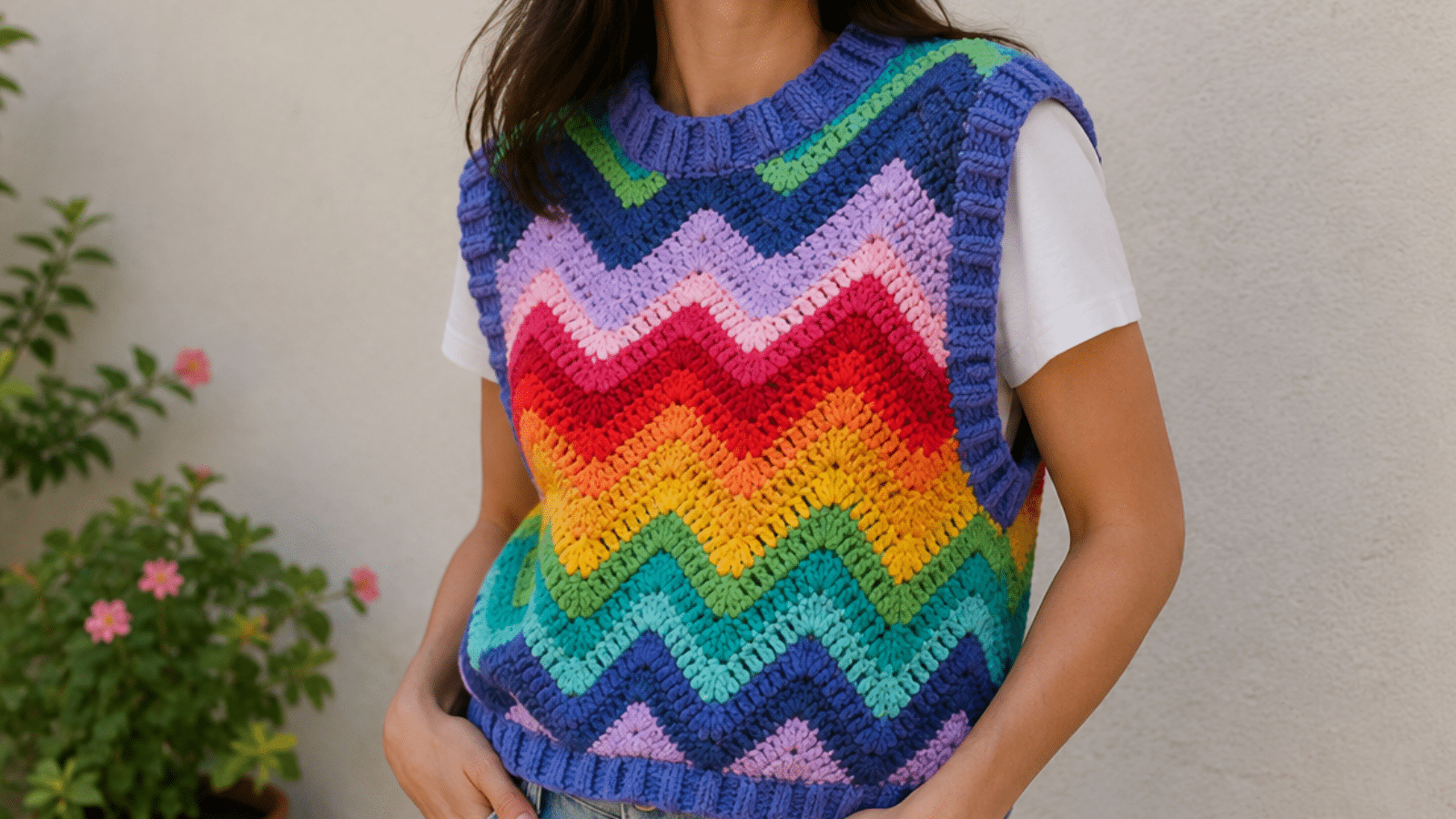Mulher usando colete de crochê arco-íris em zigue-zague, peça artesanal colorida para transformar looks simples.