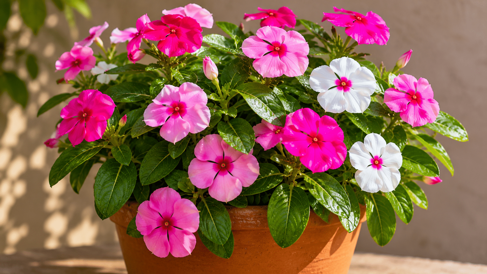 Vinca florida em vaso de barro, com flores em tons de rosa e branco, ideal para deixar varandas, janelas e pequenos espaços mais coloridos.