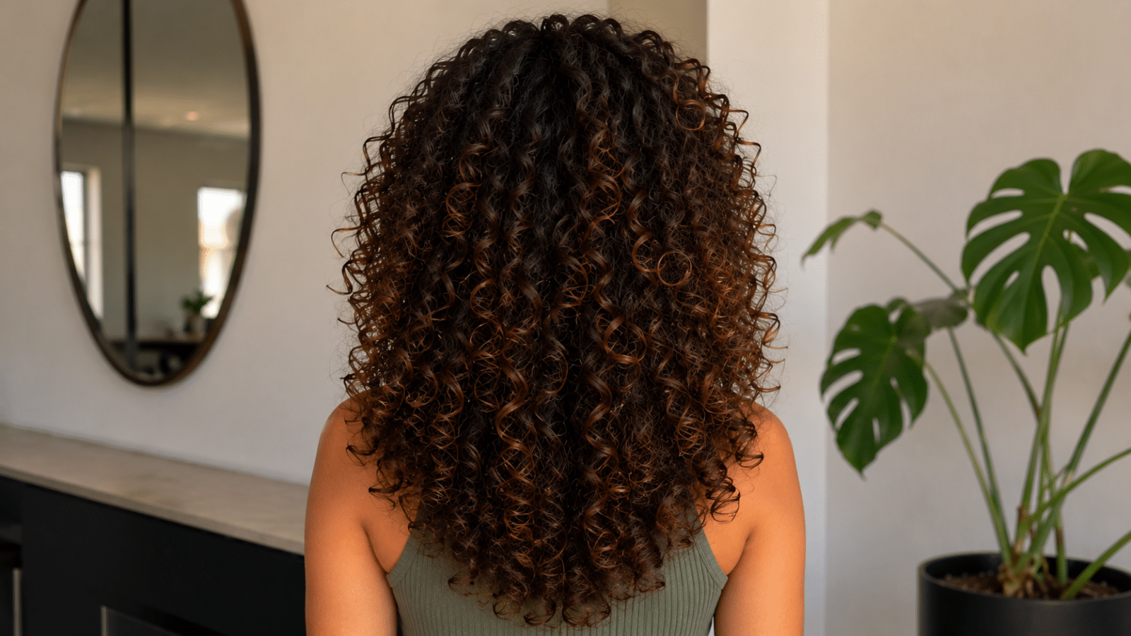 Mulher de costas com cabelo cacheado em camadas, evidenciando o volume natural, o caimento leve e a definição dos cachos ao longo dos fios.