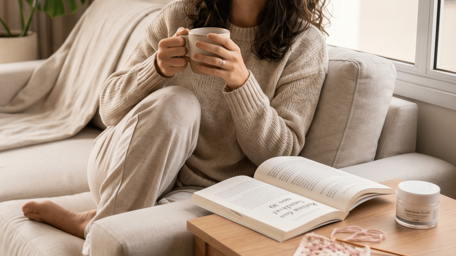 Muher com xícara de chá e livro aberto