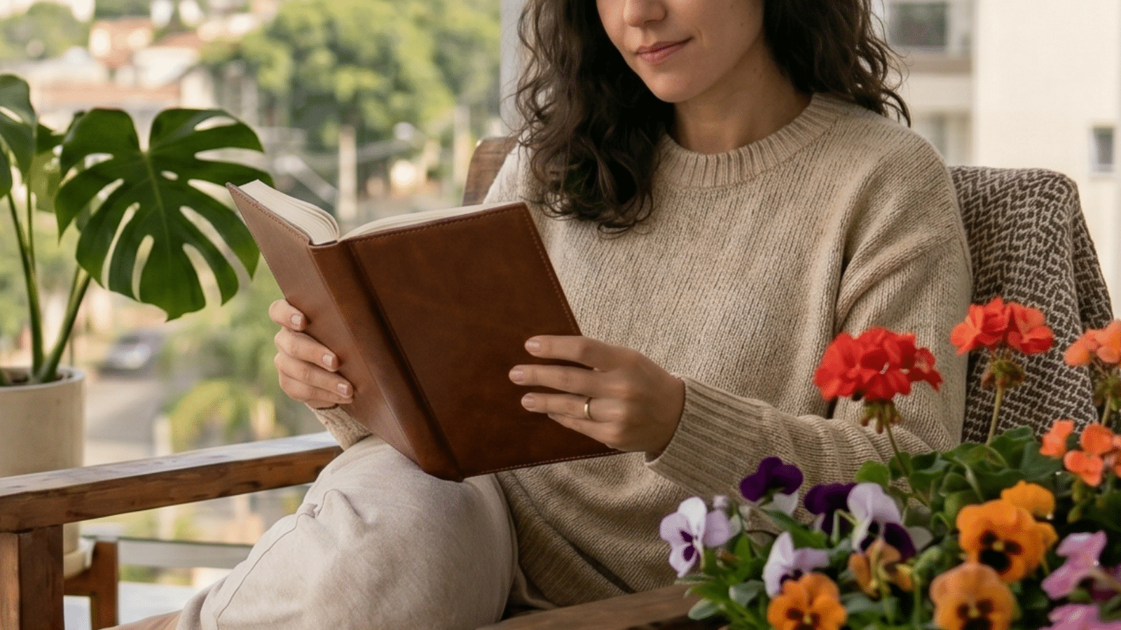 Mulher lendo livro na sacada