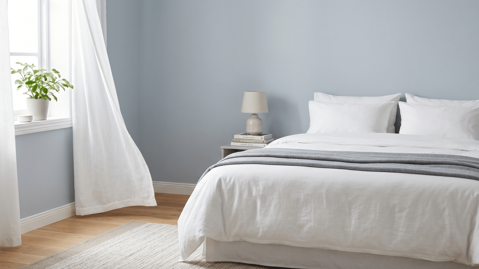 Cama alinhada com a janela em quarto com clima de limpeza e arejado