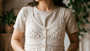 Mulher com colete de crochê off-white