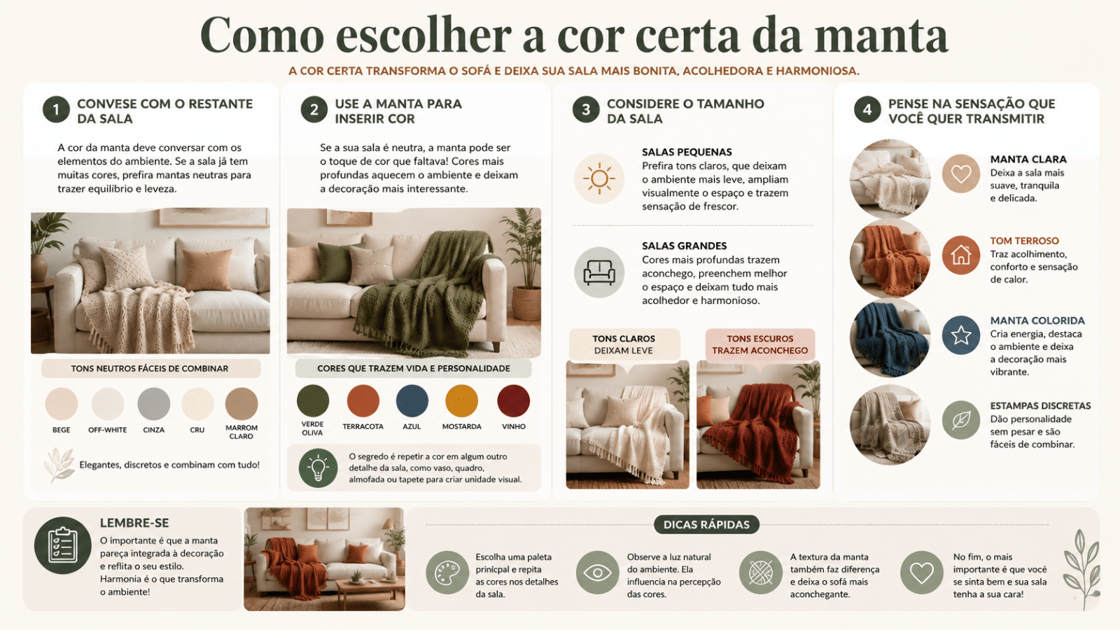 Infográfico com dicas para escolher a cor certa da manta no sofá, considerando o estilo da sala, o tamanho do ambiente e a sensação desejada na decoração.