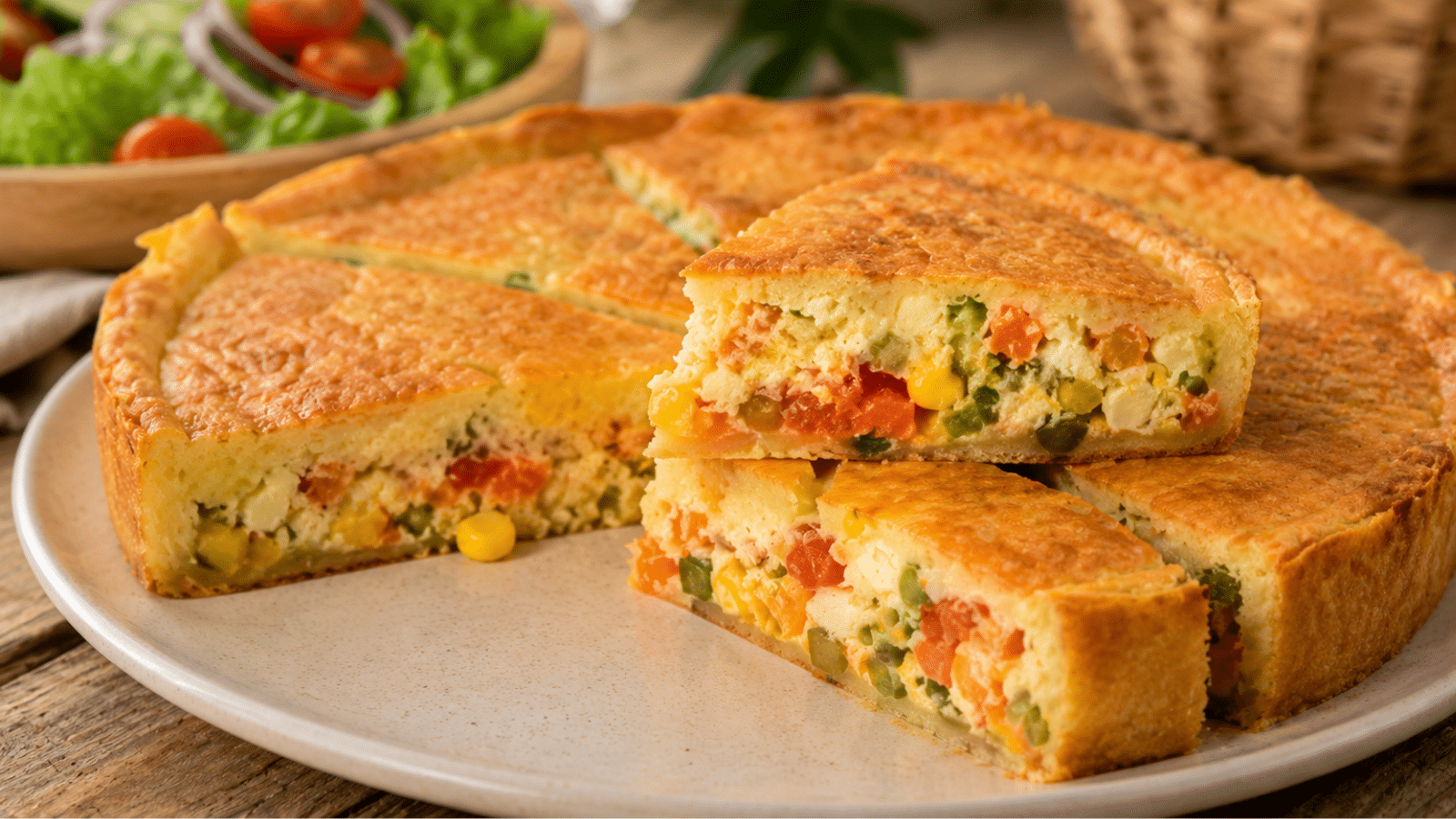 Torta salgada de liquidificador com legumes, massa dourada e recheio colorido, servida com salada fresca em mesa rústica.