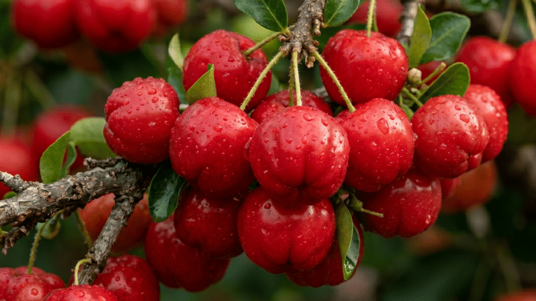 Fruta de acerola vermelha em destaque na árvore