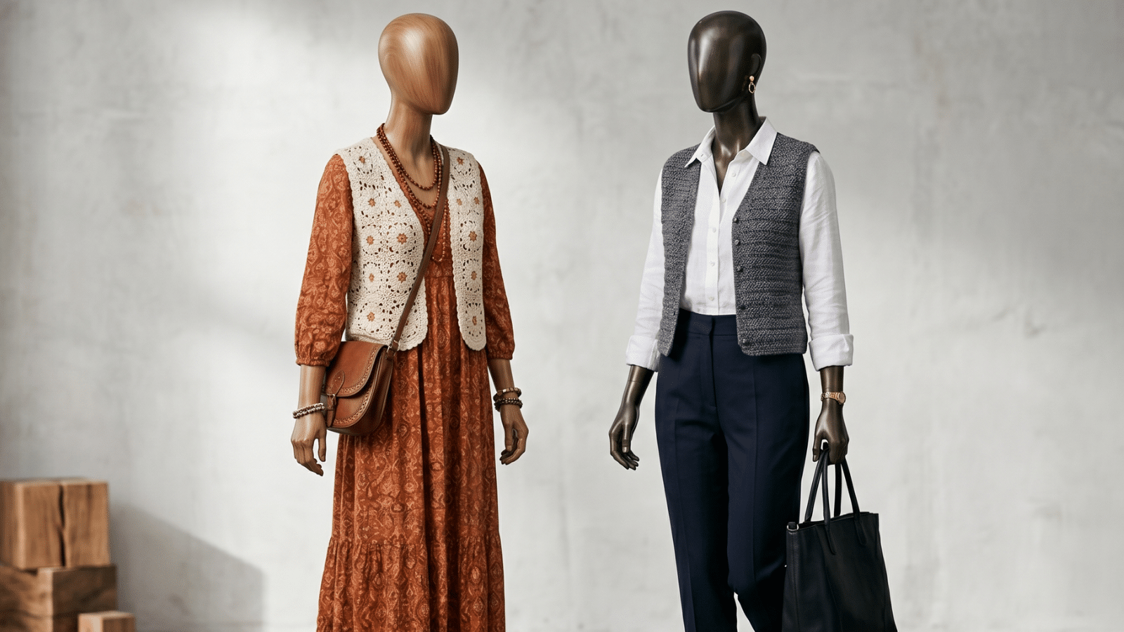 manequins com estilos diferentes usando colete de crochê
